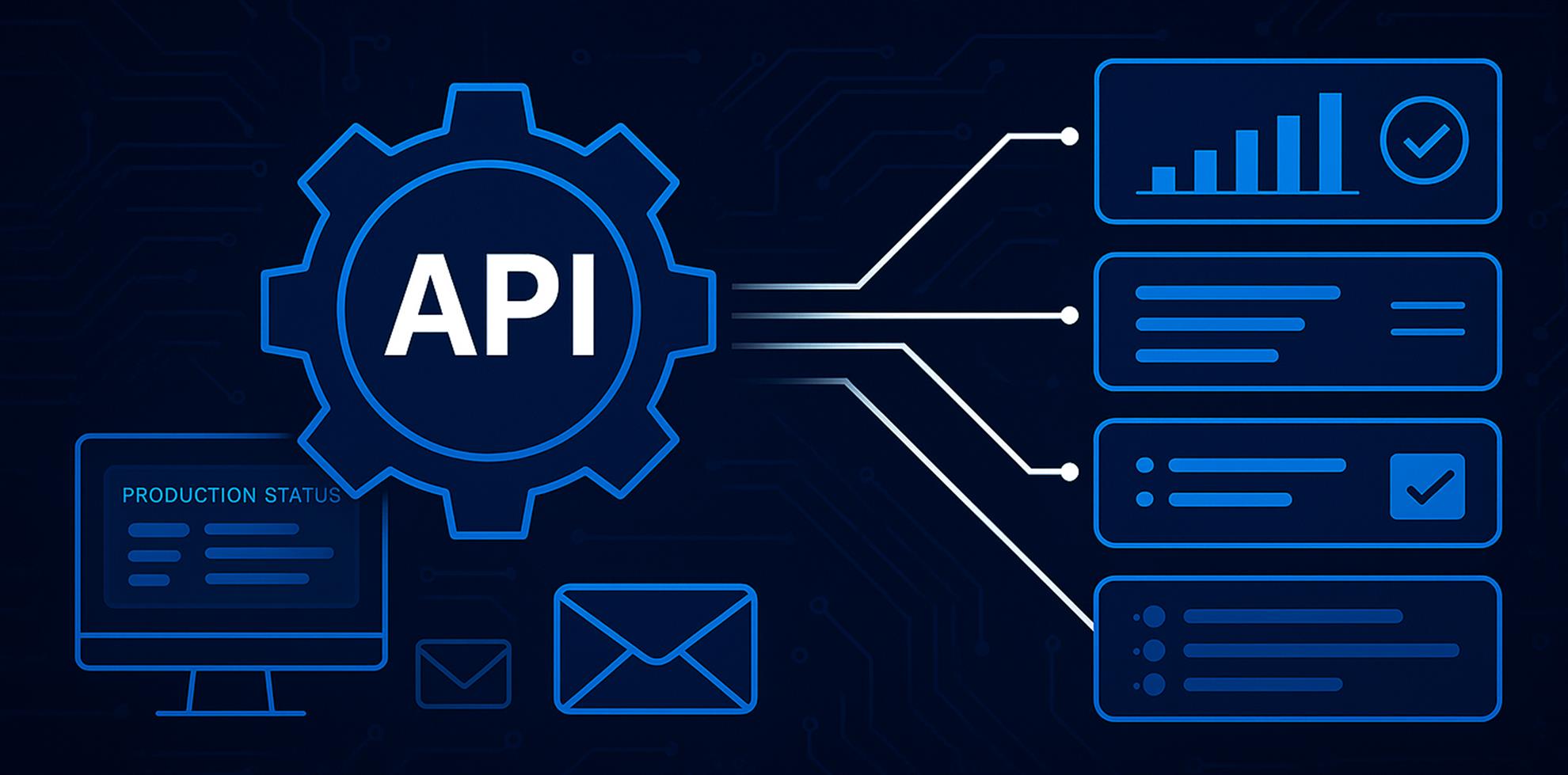 Ilustración de integraciones API con Tecmegara y ERP Gaolos, mostrando iconos de procesos empresariales conectados mediante flechas sobre un fondo tecnológico de gráficos y circuitos en tonos azules.