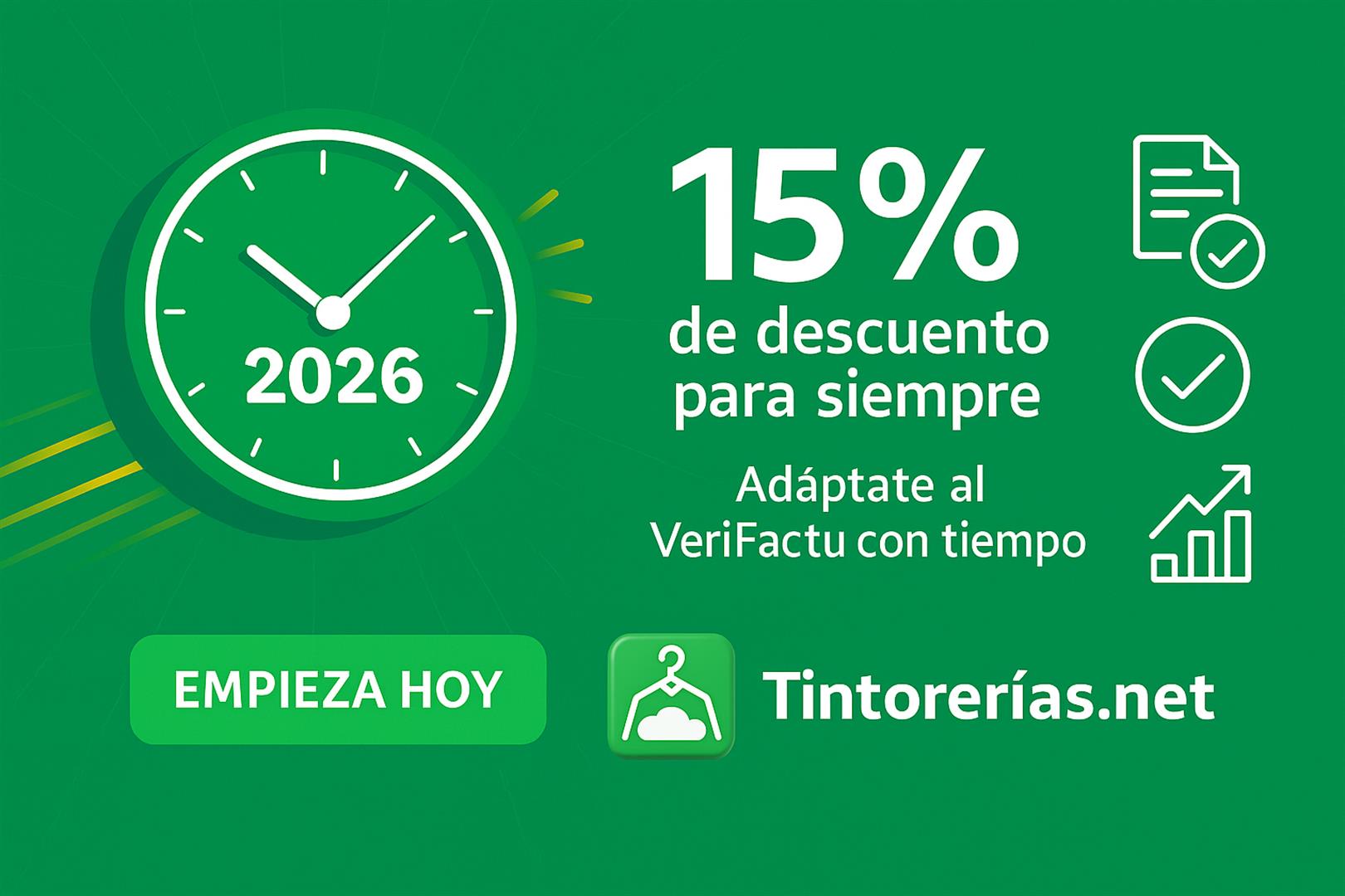 Banner publicitario de Tintorerías.net sobre la promoción del 15 % de descuento para siempre al incorporarse al sistema Veri*Factu antes de 2026